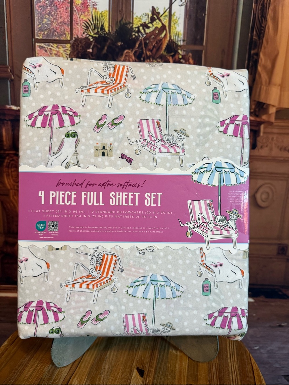 Summerween  Halloween 4 Piece Full Sheet Set NWT Beach Ghost Surf Sand Skelly